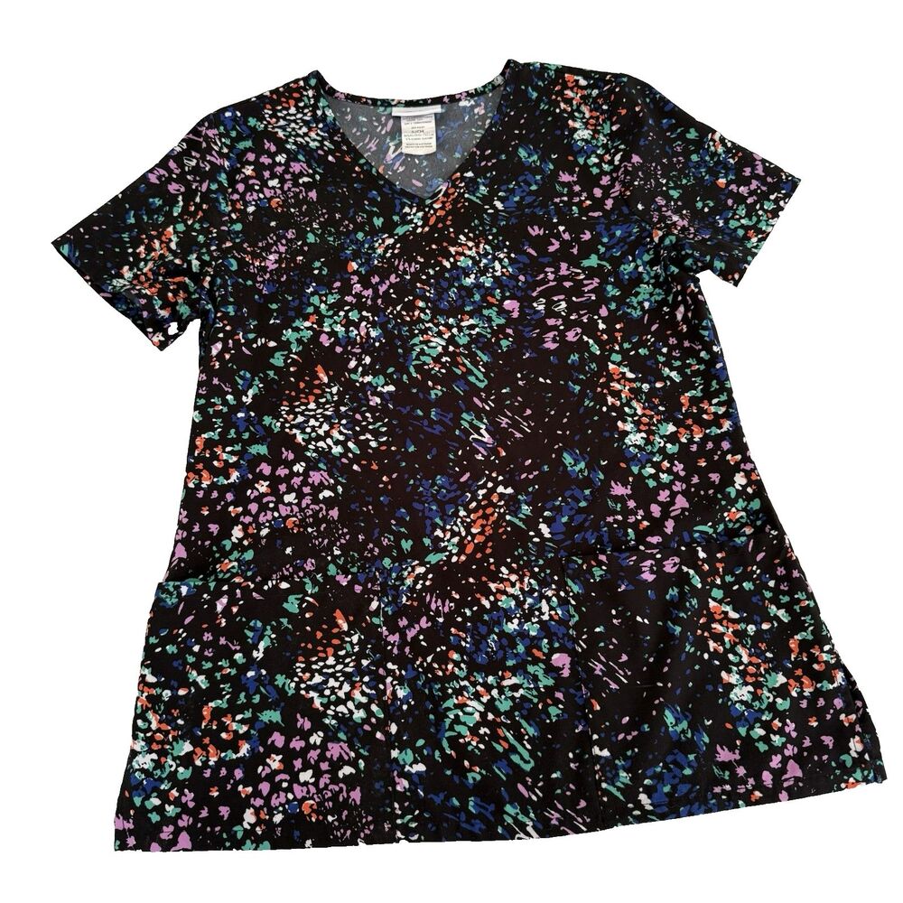 Scrub Top Women's S Paint Slatter VNeck Stretch Uniform Nurse Medical Tech Black